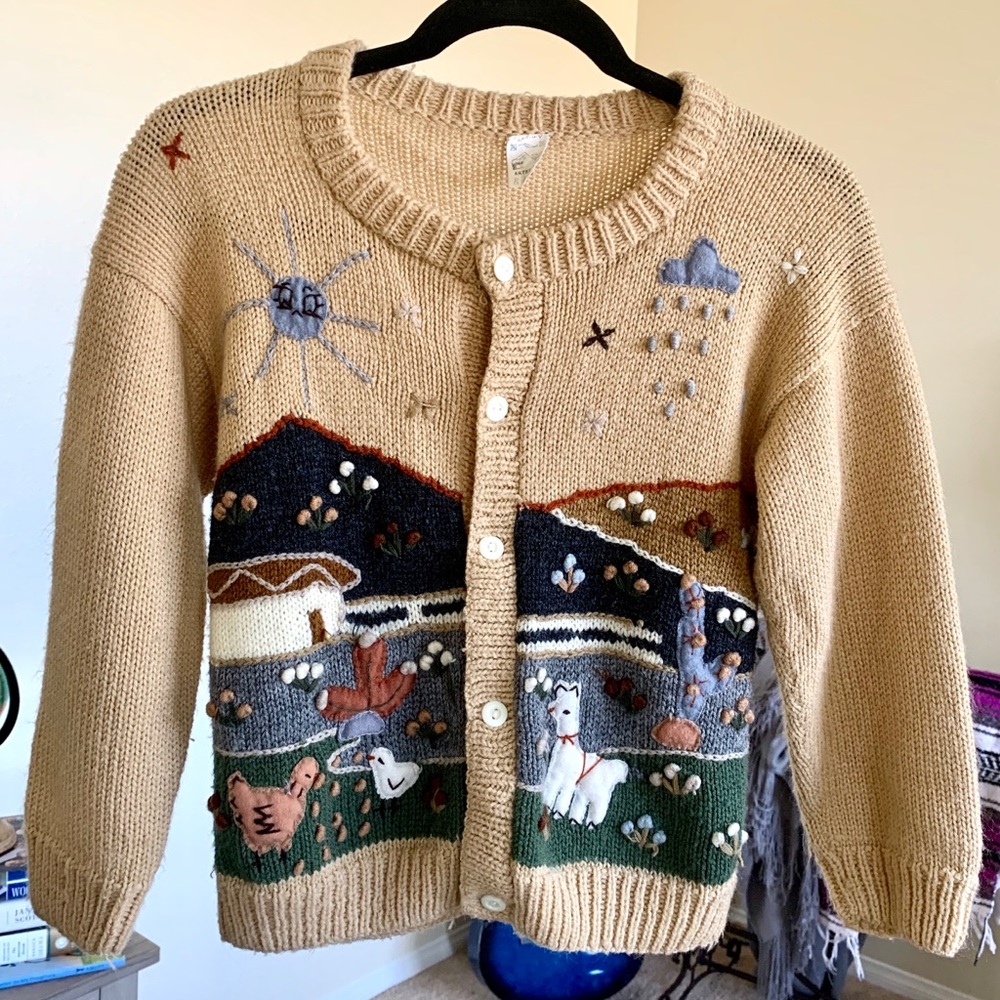 Handmade Ecuador Wool Cardigan Sweater Vintage S